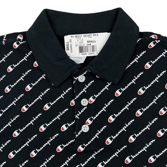 New Champion Men US S Small Black Polo Short Sleeve Logo Pattern 3-Button Jersey - Picture 4 of 10